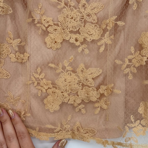 Peach Lace Sheer Blouse Mock Neck Puff Sleeve Romantic Top M As Is - Picture 5 of 9